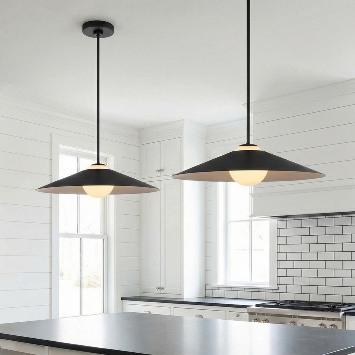 Braxton Pendant 24", Matte Black for Modern Farmhouse home with White Shiplap
