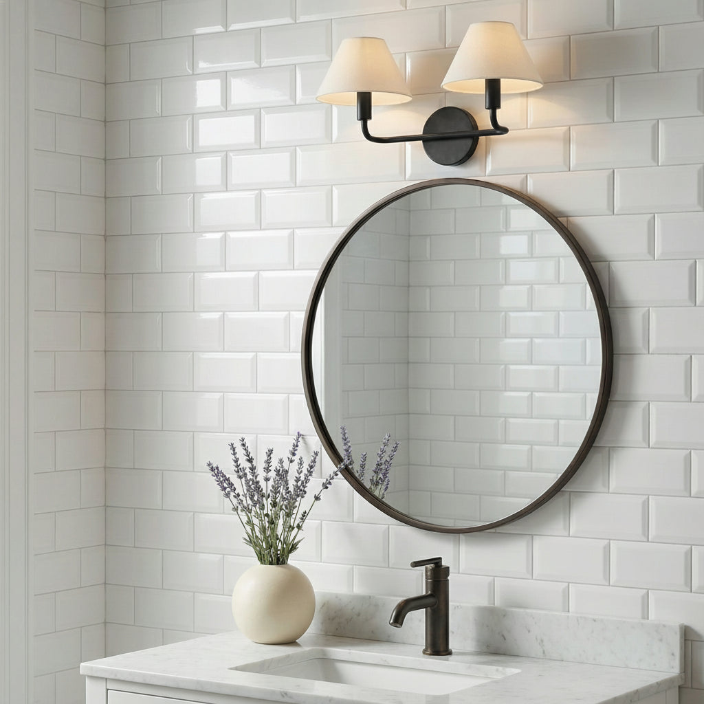 Altair 2 Light Vanity, Aged Iron for Transitional home with White Tile