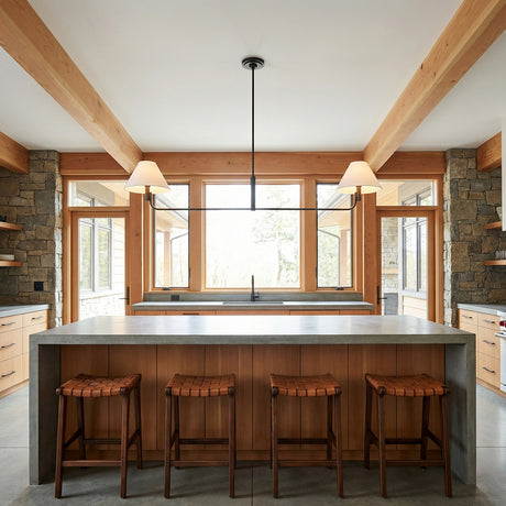 Altair Linear Pendant 54, Aged Iron for Modern Farmhouse home with Natural Wood