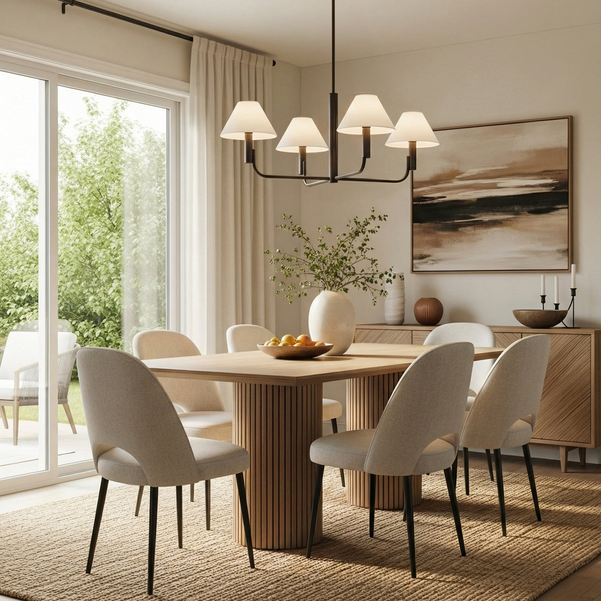 Matte Black geometric chandelier in a Transitional Dining Room with a fluted wood dining table and jute rug.