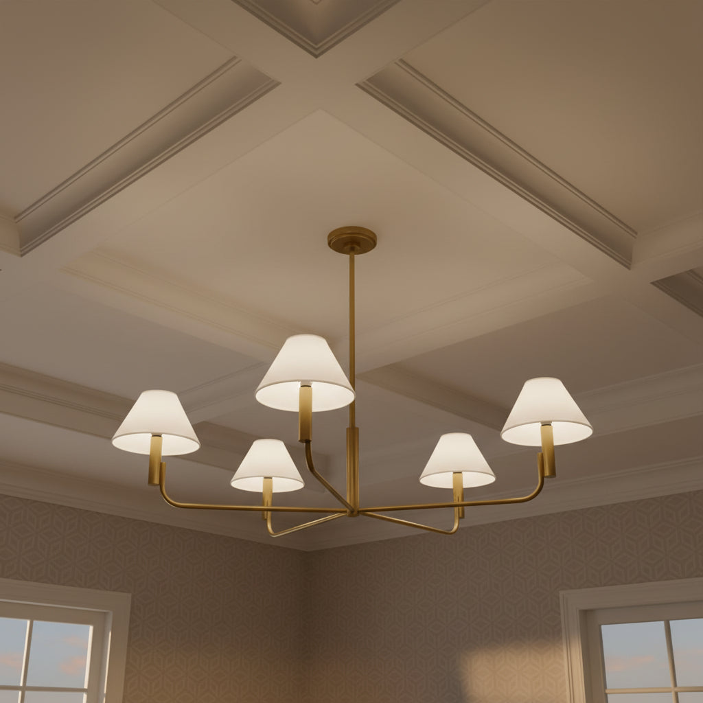 Altair 5 Light Chandelier 40", Modern Brass for Traditional home with Beige wallpaper