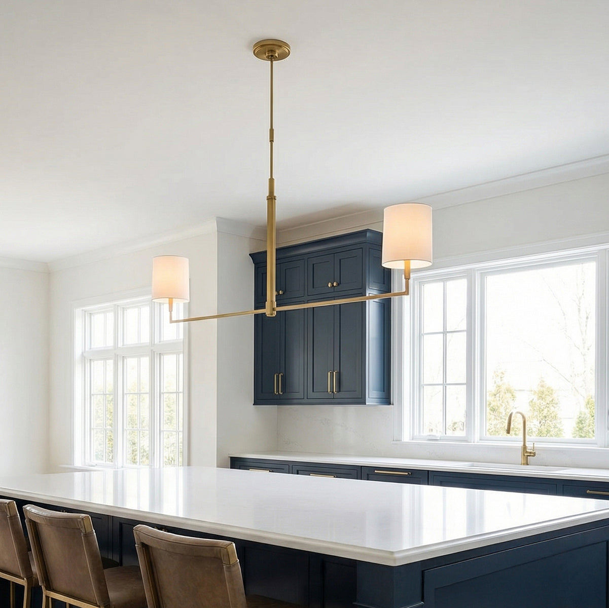 Andrew Linear Pendant 50, Modern Brass for Modern Farmhouse home with White Siding