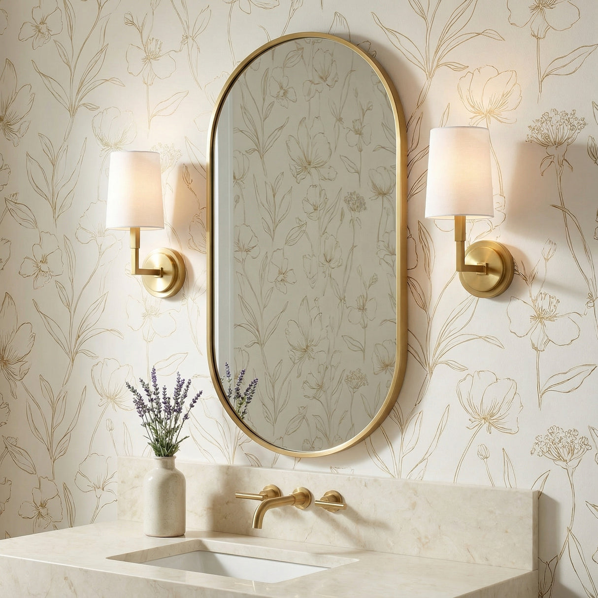 Andrew Wall Sconce 12, Modern Brass for Traditional home with Cream Wallpaper