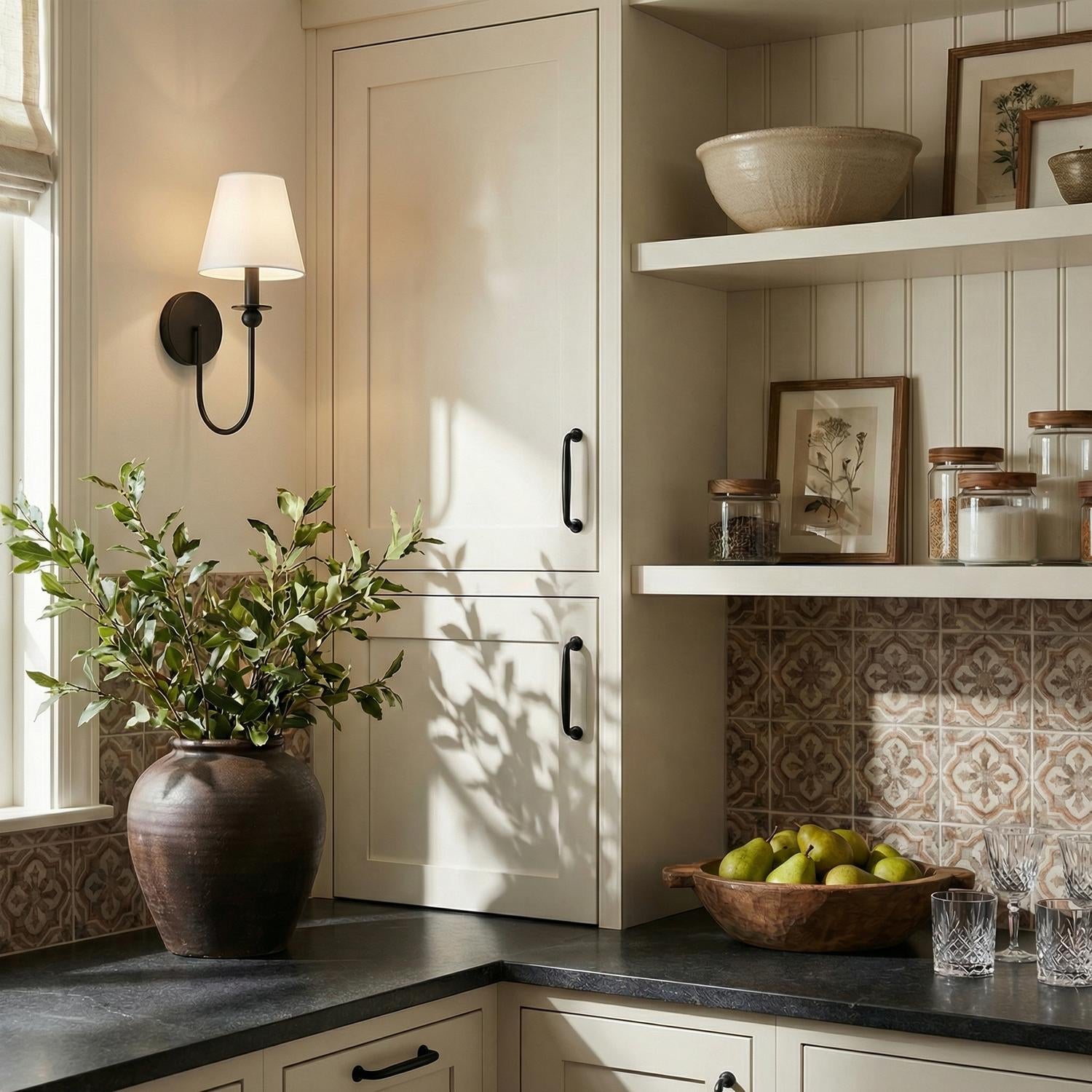 A farmhouse kitchen featuring the Anise Wall Sconce 15