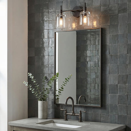 Emrys 2 Light Vanity, Aged Iron for Modern home with Dark Gray Tile