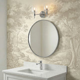 Emrys 2 Light Vanity, Polished Nickel, styled in a Transitional bathroom with toile wallpaper and quartz countertop.