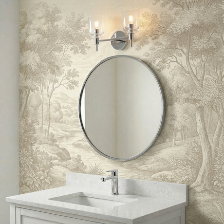 Emrys 2 Light Vanity, Polished Nickel, styled in a Transitional bathroom with toile wallpaper and quartz countertop.