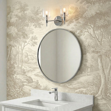 Emrys 2 Light Vanity, Polished Nickel, styled in a Transitional bathroom with toile wallpaper and quartz countertop. 