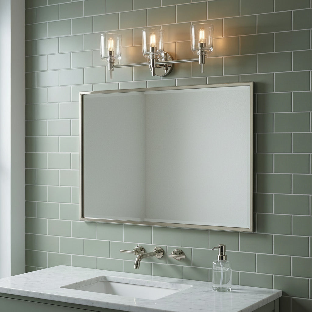 Emrys 3 Light Vanity, Polished Nickel for Modern home with Green Tile