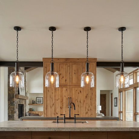 Emrys Pendant 8", Aged Iron geometric pendant in a Modern Farmhouse Kitchen with knotty wood cabinets & stone island.