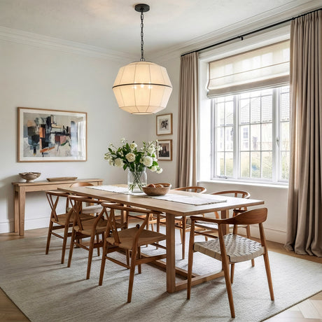 Birch Large Pendant 28", Aged Iron and White Linen in a Modern Dining Room with light wood furniture.
