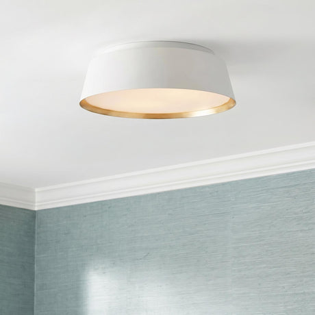 Langston Flush Mount 14", Matte White with Brushed Brass geometric flush mount in a Transitional Hallway with teal grasscloth wallpaper.