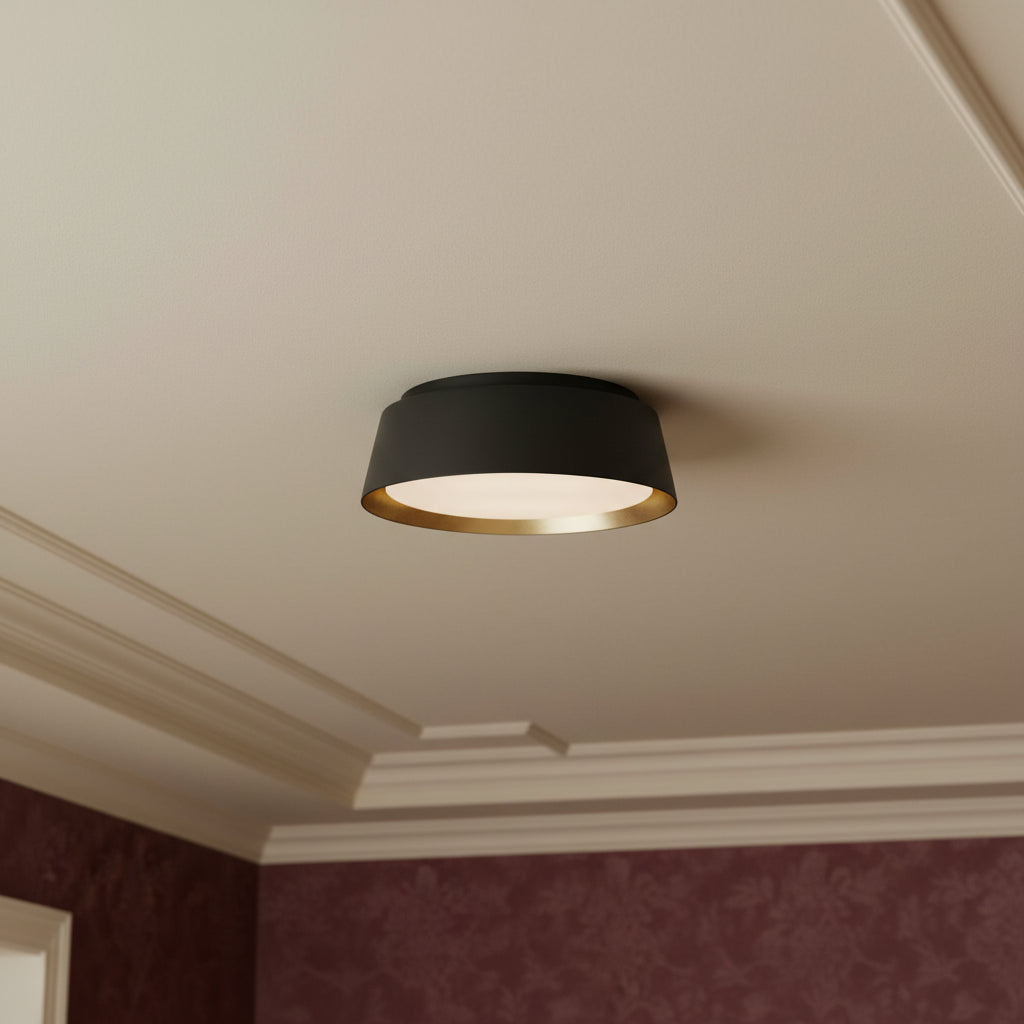 Langston Flush Mount 14" Matte Black with Brushed Brass for Modern home with White Walls