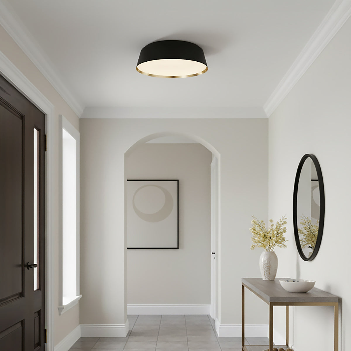 Langston Flush Mount 19, Matte Black with Brushed Brass - Flush mount lighting in a hallway
