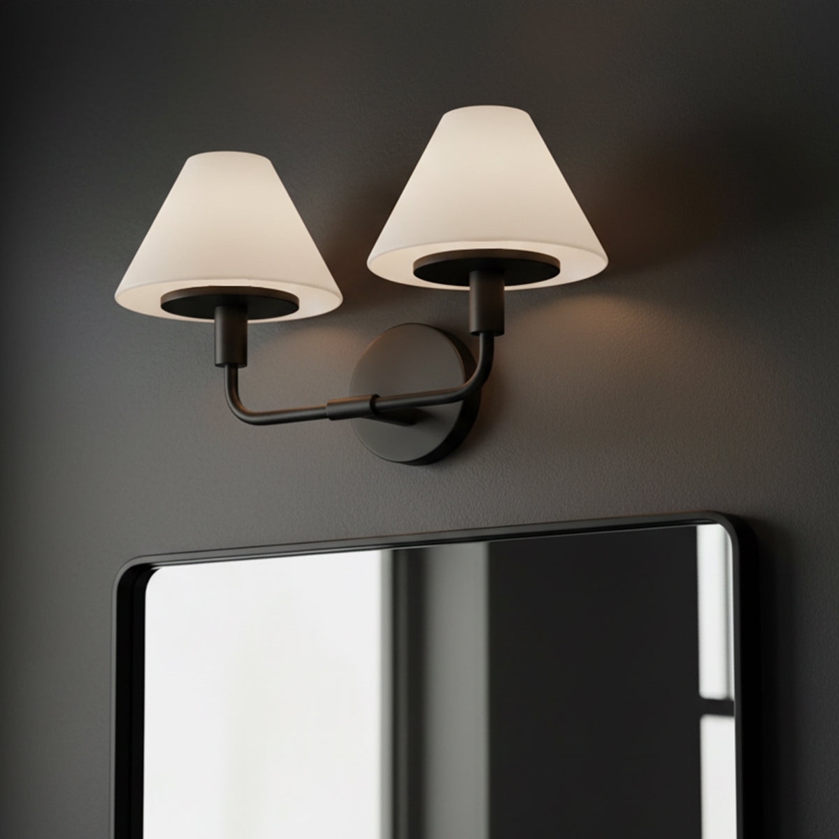 Dean 2 Light Vanity, Matte Black and Opal Glass for Modern home with Dark Gray walls