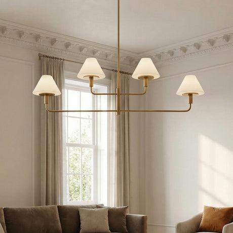 Dean 4 Light Chandelier 50", Satin Brass and Opal Glass