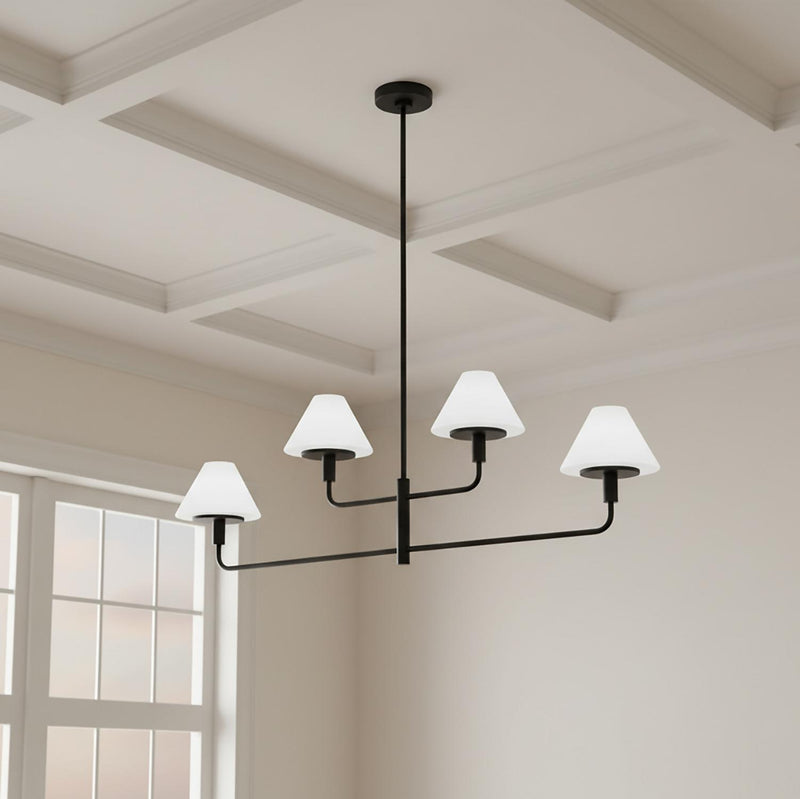 Dean 4 Light Chandelier 50", Matte Black and Opal Glass
