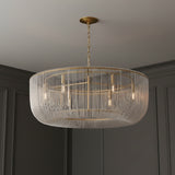 Amir Large Chandelier 36", Modern Brass for Modern home with Dark Gray Wood Paneling