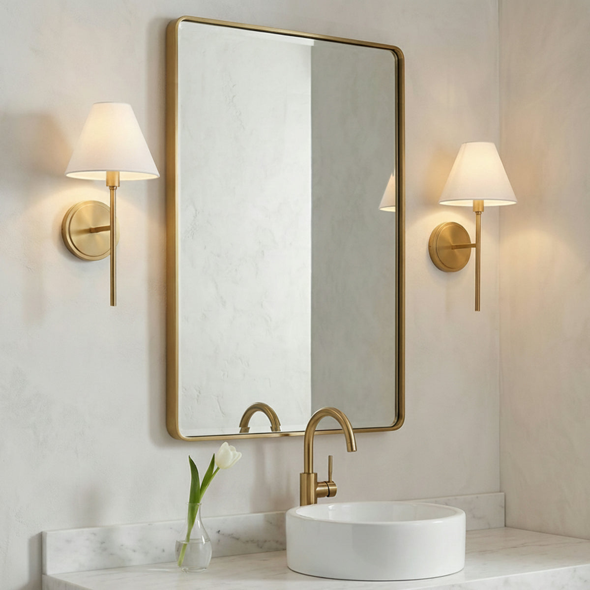 Bryson Wall Sconce 14" Modern Brass for Modern home with White Textured Walls