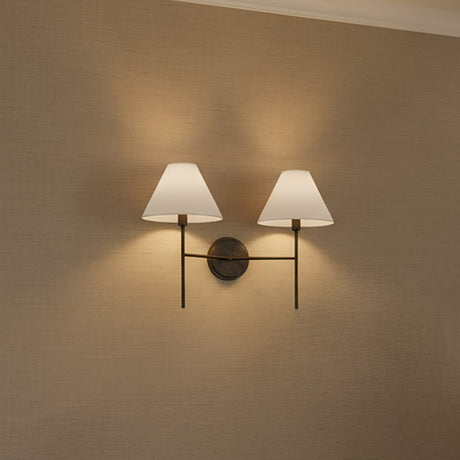 Bryson Double Wall Sconce 14", Aged Iron for Modern home with Textured Beige Wallpaper