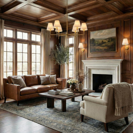 Bryson 6 Light Chandelier 36", Modern Brass linear Chandelier in a Traditional Living Room with a leather sofa and marble fireplace.