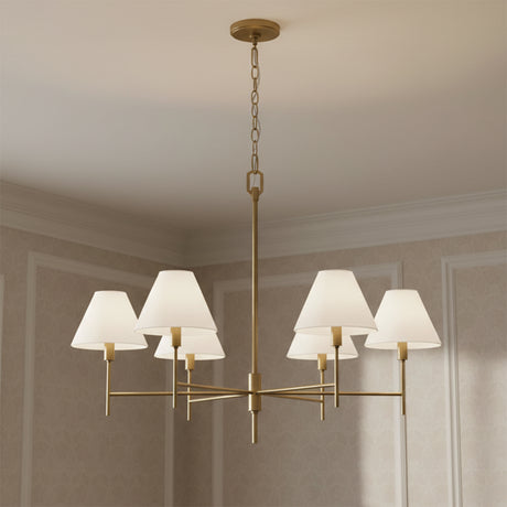 Bryson 6 Light Chandelier 36", Modern Brass in a Transitional home with Beige Classic Wallpaper