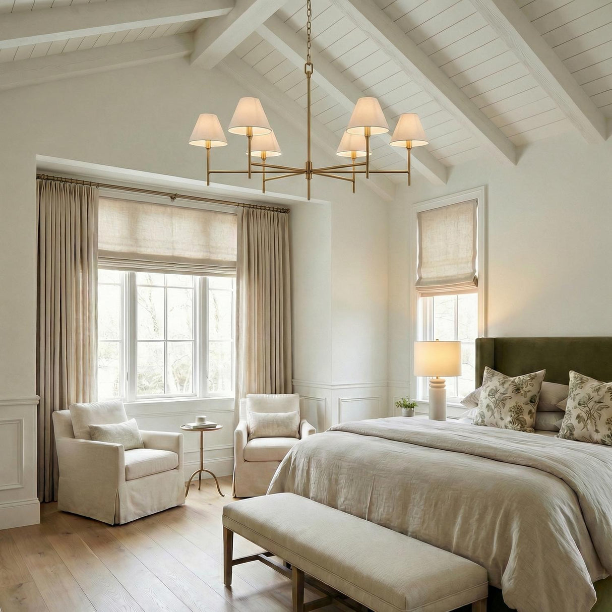 Bryson 6 Light Chandelier 48", Modern Brass linear Chandelier in a Modern Farmhouse Bedroom with a green velvet bed.