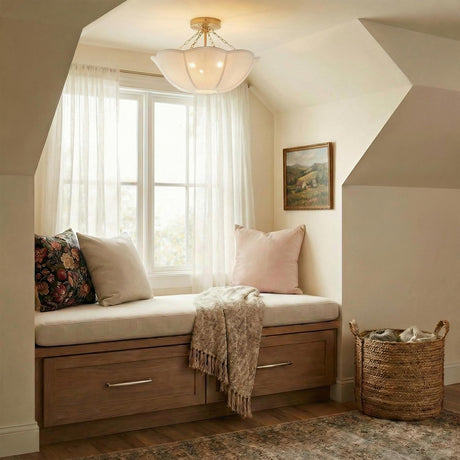 Ava Semi-Flush 18", Gold scalloped flush mount in a Traditional Bedroom with a built-in window seat and sheer curtains.