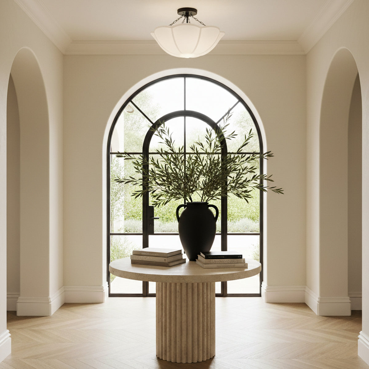 Ava Semi-Flush 18" for Modern home shown in a hallway entry with an arched front door and round decorative table