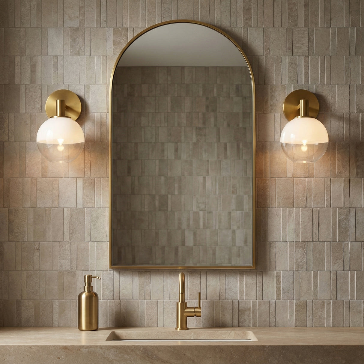 Merrick Wall Sconce 10, Modern Brass for Modern home with Tan Tile