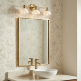 Merrick 3 Light Vanity, Modern Brass for Modern Farmhouse home with Beige Wallpaper
