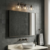 Merrick 3 Light Vanity, Aged Iron for Modern home with Dark Gray Tile