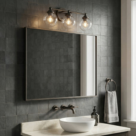 Merrick 3 Light Vanity, Aged Iron for Modern home with Dark Gray Tile
