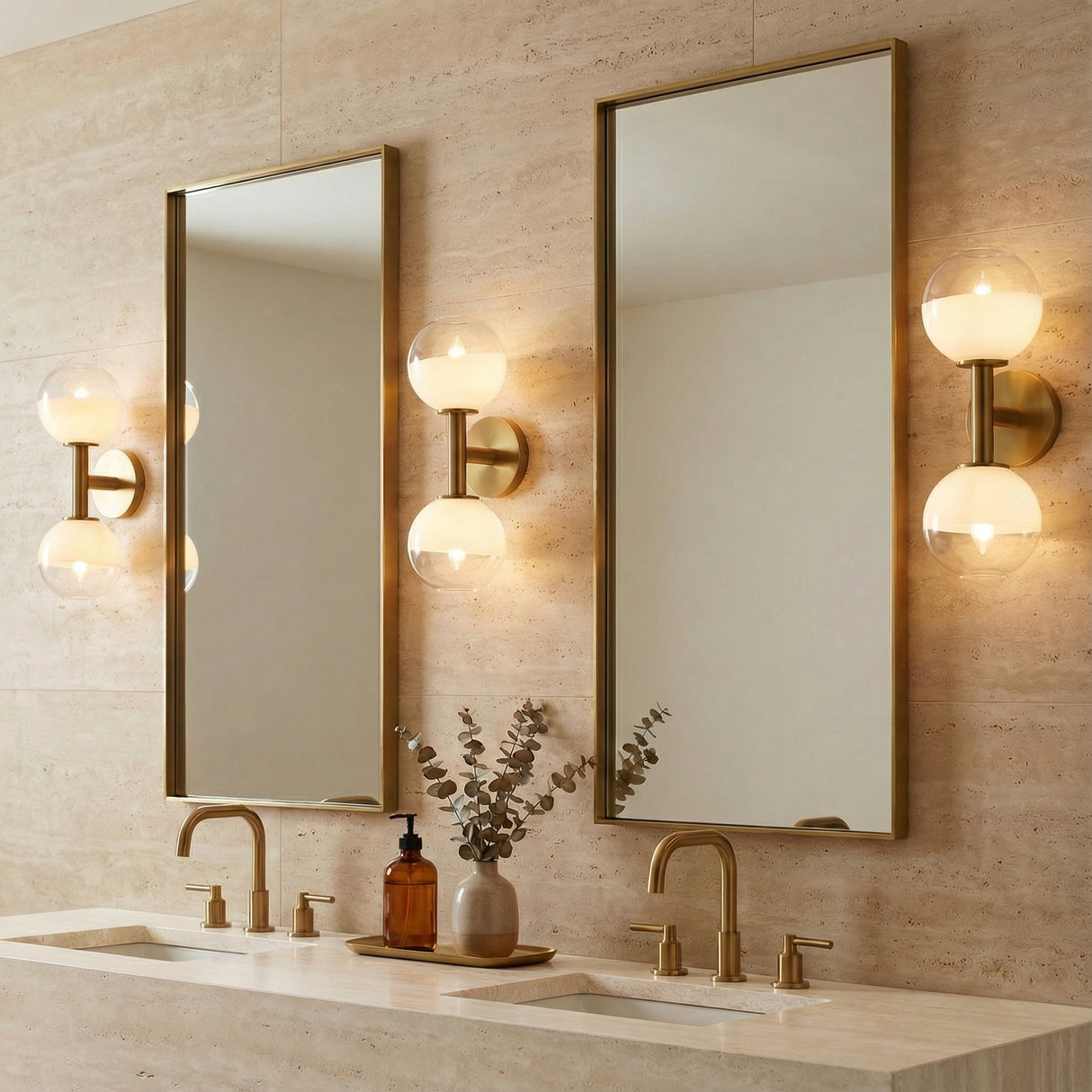 Merrick 2 Light Wall Sconce 15", Modern Brass in a Modern Bathroom with travertine tile
