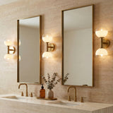 Merrick 2 Light Wall Sconce 15", Modern Brass in a Modern Bathroom with travertine tile