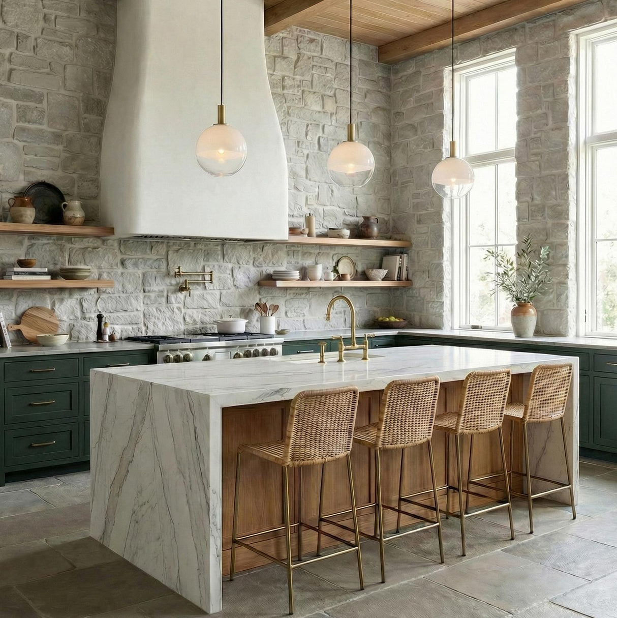A farmhouse kitchen featuring three Merrick Pendant 8", Modern Brass globe pendants in frosted glass over a white marble waterfall island, green cabinets, and a beamed ceiling.