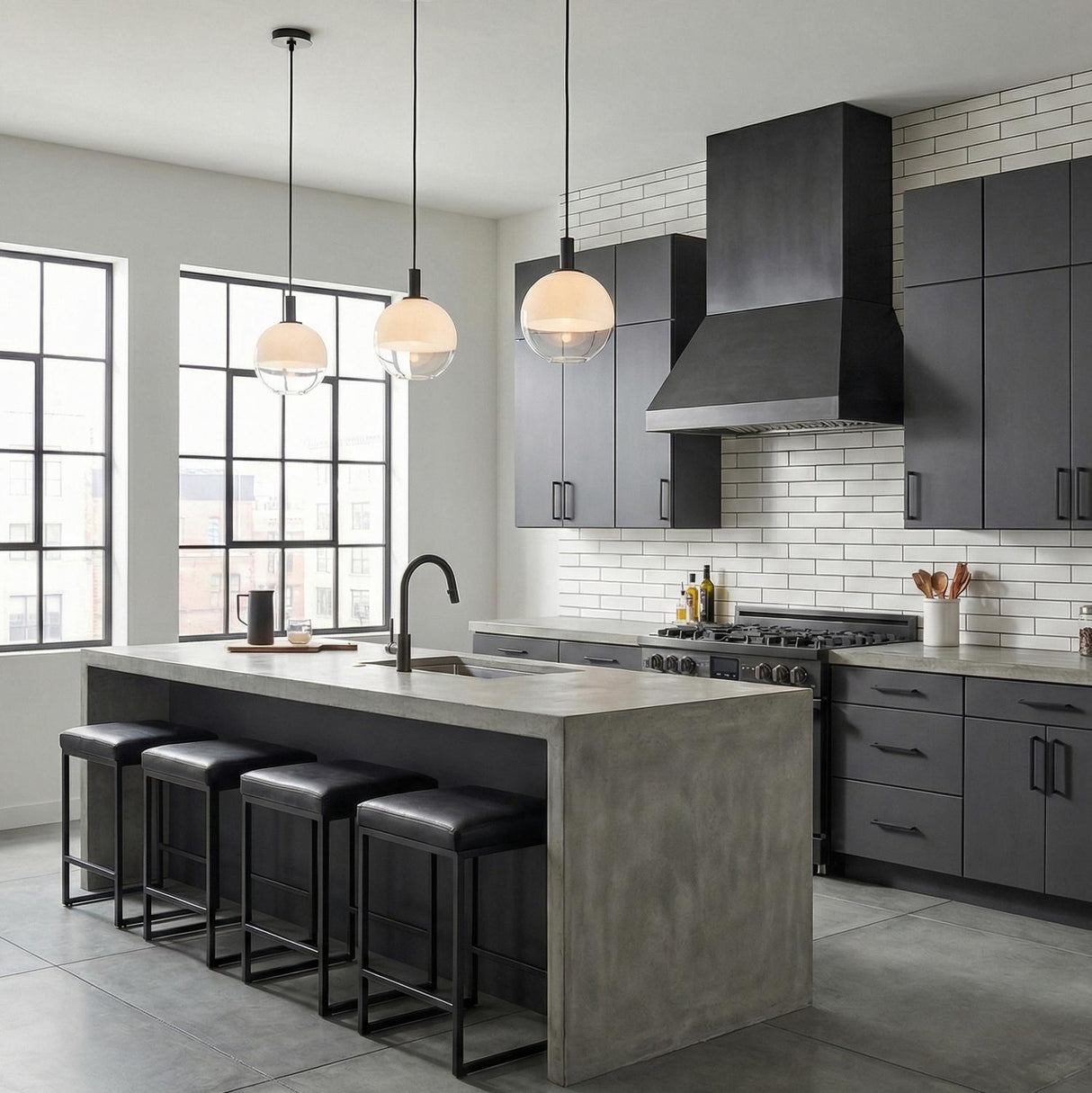 Merrick Pendant 8", Aged Iron globe pendant in an Industrial Kitchen with a concrete island and black cabinets.