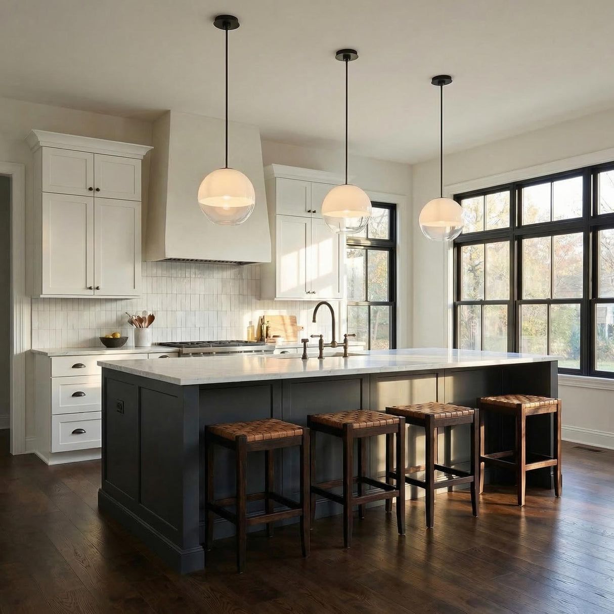 A transitional kitchen features three Merrick Pendant 14", Aged Iron globe pendants with frosted glass over a gray island with white marble and woven bar stools.