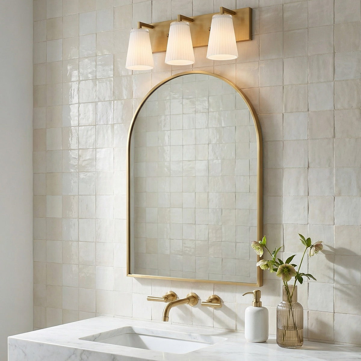 Margot 3 Light Vanity, Satin Brass for Modern home with White Tile