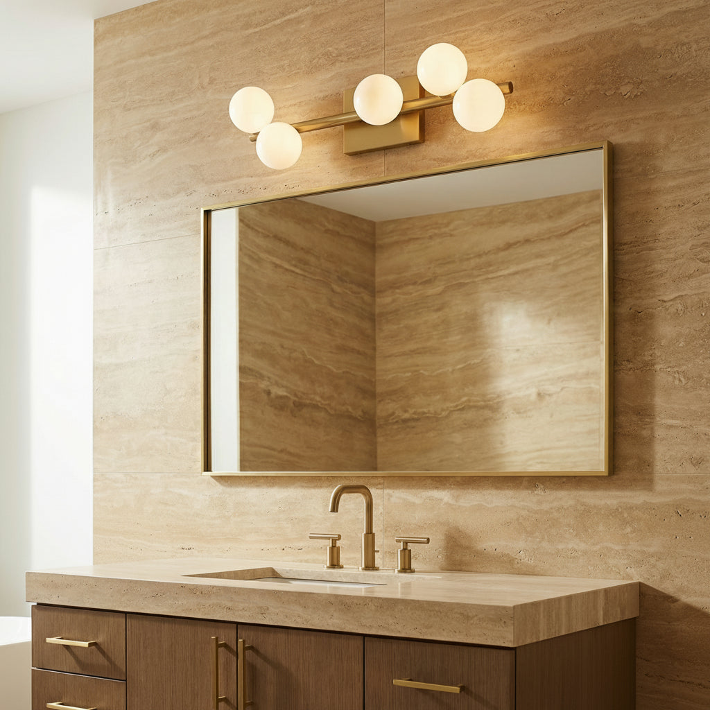 Veya 5 Light Wall Sconce 24" Modern Brass and Milk Glass for Modern home with Travertine Siding