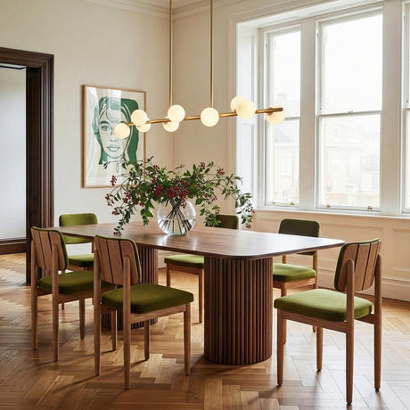 Veya 9 Light Linear Chandelier 49" in a Modern Dining Room with wood floors and glass.