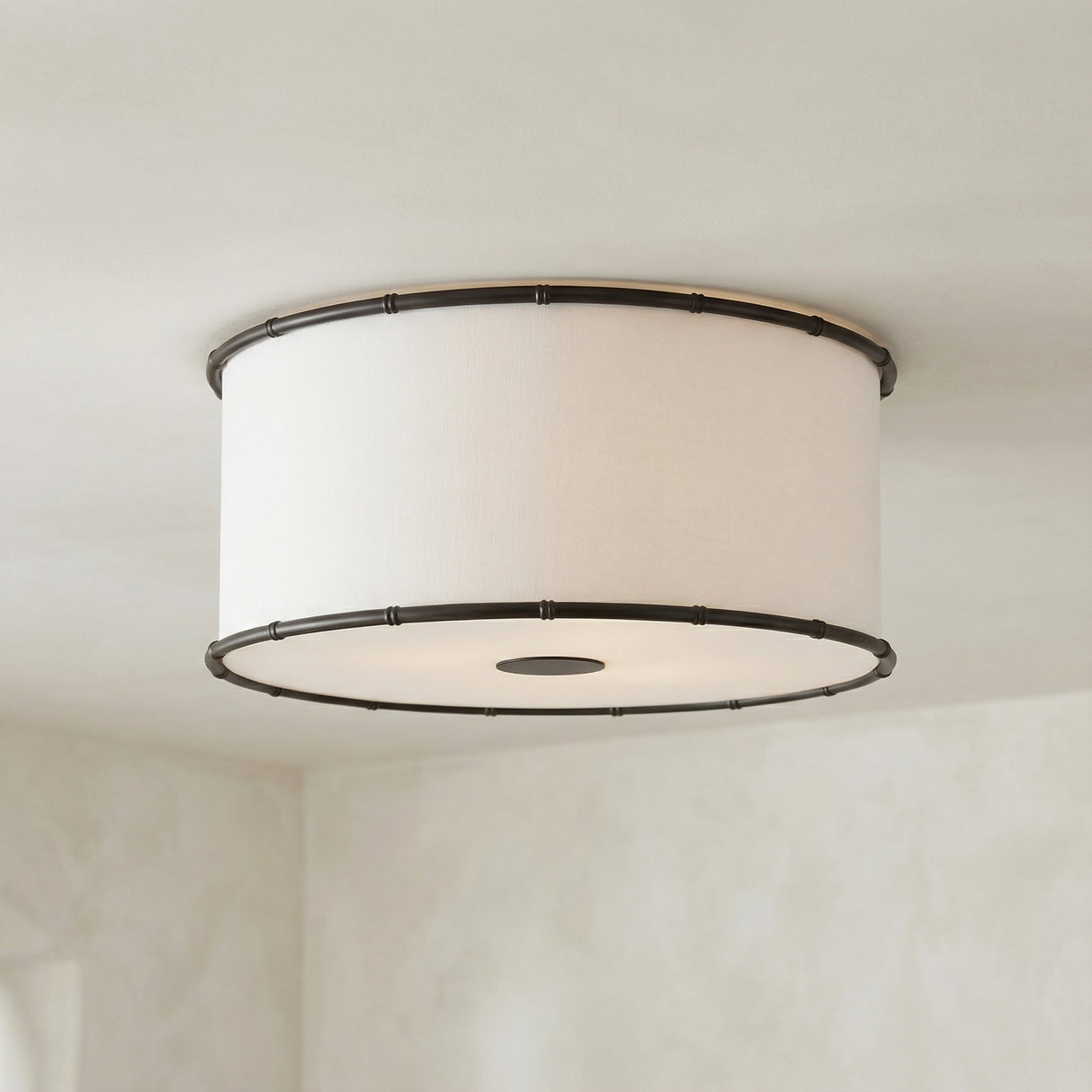 Soren Flush Mount 20", Aged Iron geometric flush mount in a Transitional Living Room with neutral walls.