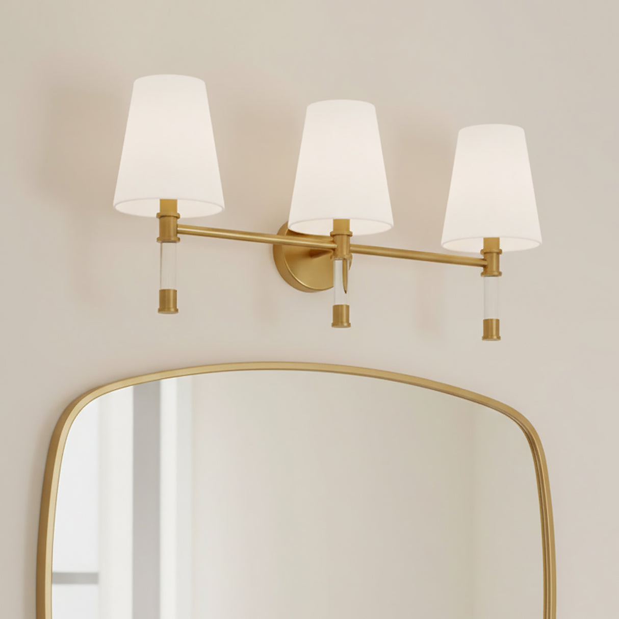 Audrey 3 Light Vanity, Modern Brass and Milk Glass for Modern home with White Siding