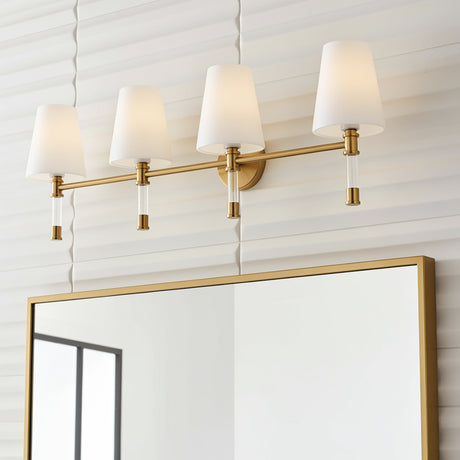Audrey 4 Light Vanity, Modern Brass and Milk Glass for Modern home with White textured wall
