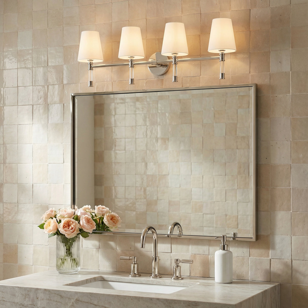 Audrey 4 Light Vanity, Polished Nickel and Milk Glass for Transitional home with Beige Tile
