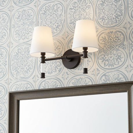Audrey 2 Light Vanity, Aged Iron and Milk Glass for Transitional home with White Tile