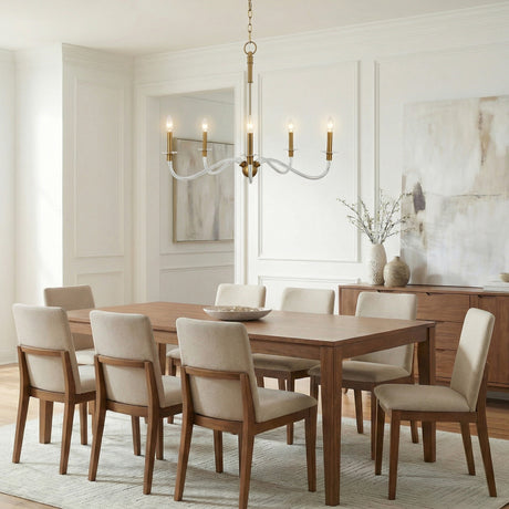 Brass and Clear linear chandelier in a Transitional Dining Room with a wooden dining table and chairs.