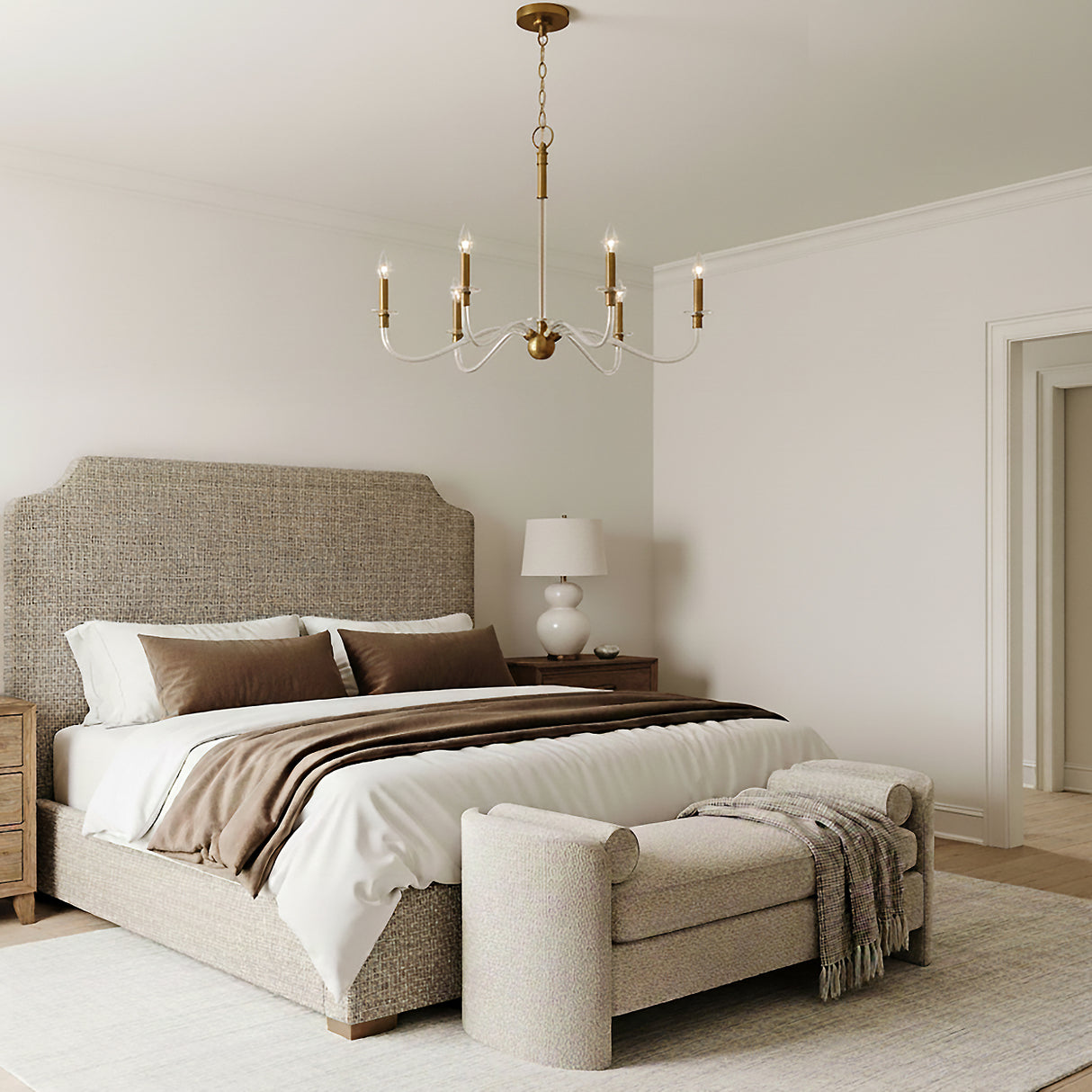 Audrey 6 Light Chandelier 42" for Transitional home shown in bedroom with soft neutrals and a king-size upholstered bed