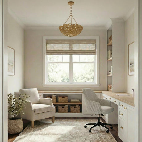 Floren Small Pendant 16", Aged Gilded Brass leaf design Pendant in a Transitional Office with a white built-in desk and patterned chair.