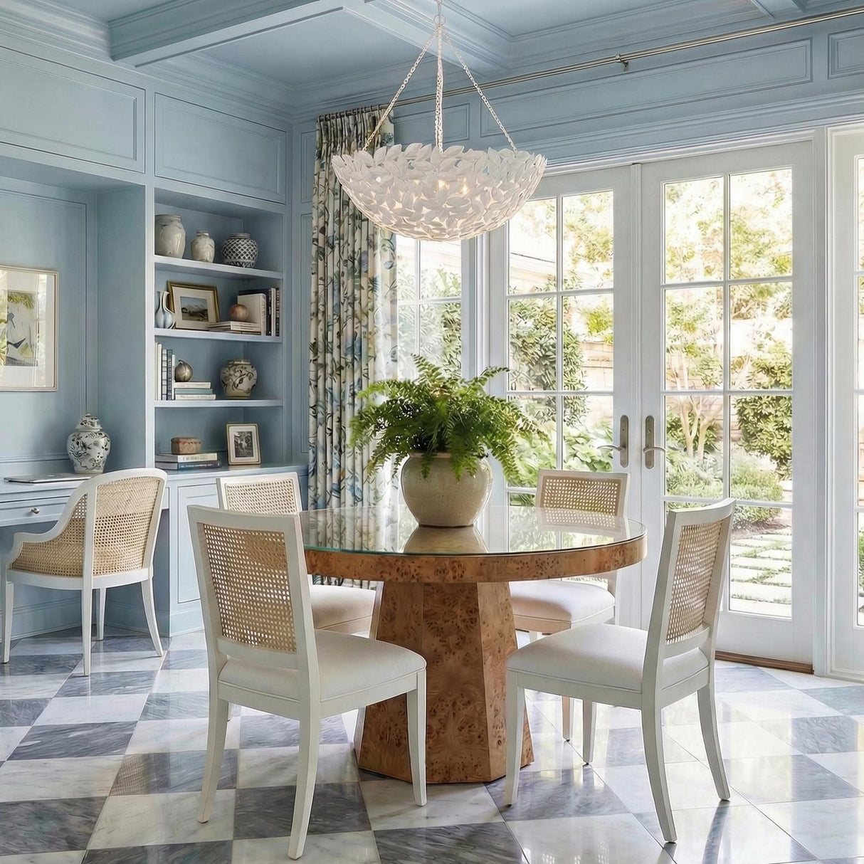 Floren Large Pendant 24", Textured White leaf design chandelier in a Coastal Dining Room with a burl wood table and cane chairs.